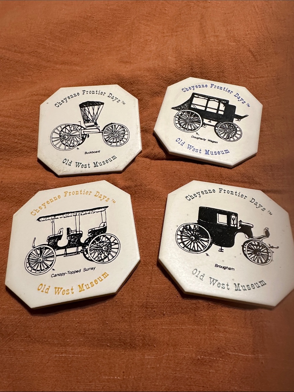 Set of 4 Octagonal Old West Museum Coasters - Cream with Black and Gold Print